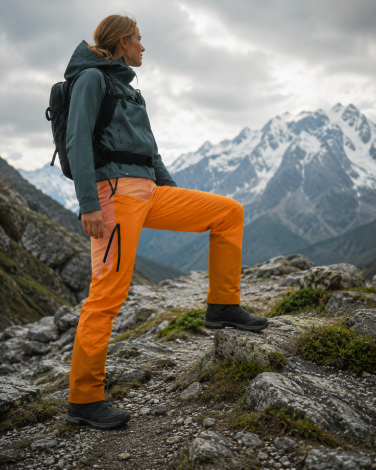 Persona utilizando pantalones técnicos de montaña con paneles reforzados en la parte inferior de las piernas durante un ascenso por terreno alpino.