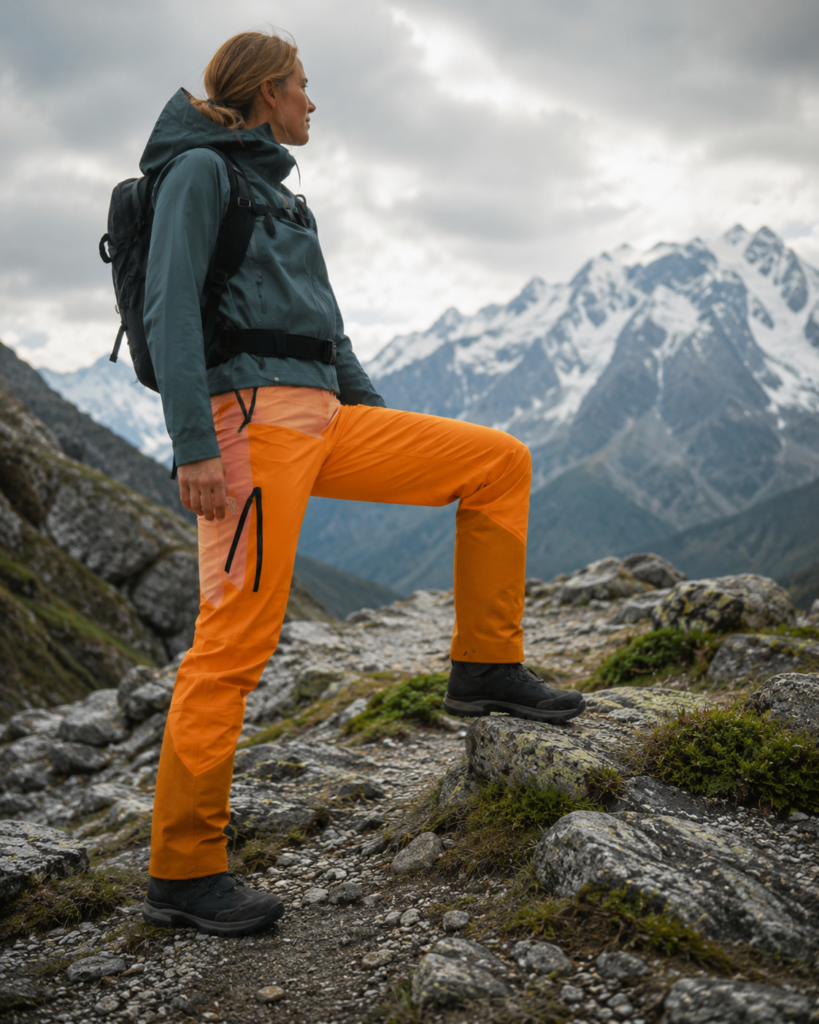 Persona utilizando pantalones técnicos de montaña con paneles reforzados en la parte inferior de las piernas durante un ascenso por terreno alpino.